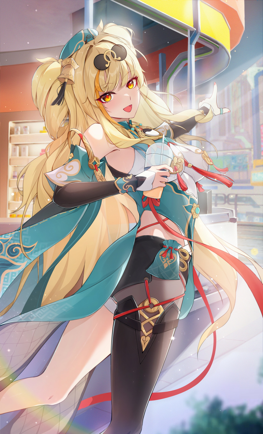 1girl, absurdres, bare_shoulders, bell, blonde_hair, breasts, chinese_clothes, commentary_request, detached_sleeves, dress, drink, eyewear_on_head, feet_out_of_frame, green_hat, hair_bell, hair_ornament, hat, highres, holding, holding_drink, honkai_(series), honkai_impact_3rd, large_breasts, long_hair, looking_at_viewer, looking_back, miyoushe_watermark, multicolored_hair, official_alternate_costume, official_art, ooo_wange, open_mouth, orange_hair, pointing, red_nails, smile, solo, songque, songque_(jovial_deception:_shadowdimmer), streaked_hair, sunglasses, tassel, thumb_ring, twintails, two_side_up, very_long_hair, yellow_eyes