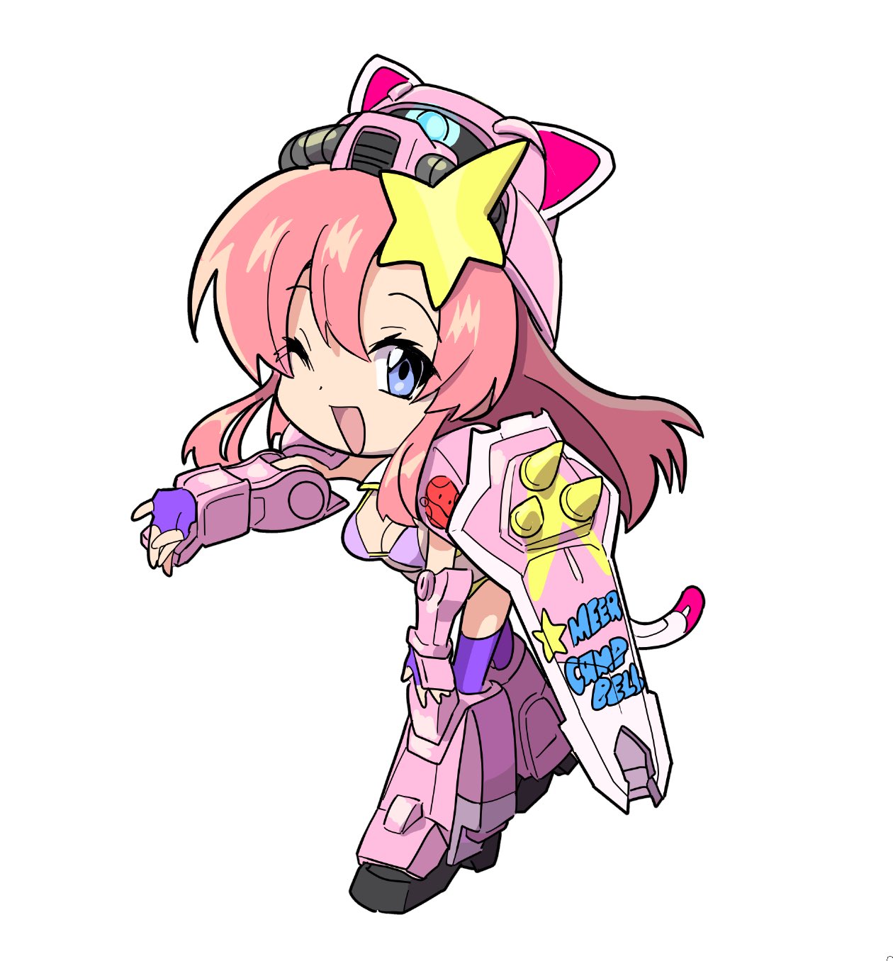 1girl, armor, bikini, breasts, chibi, commentary_request, full_body, gloves, gundam, gundam_seed, gundam_seed_destiny, hair_ornament, highres, long_hair, looking_at_viewer, mecha, mecha_musume, meer_campbell, open_mouth, pink_hair, robot, sari_(curry0124), simple_background, smile, solo, star_(symbol), star_hair_ornament, swimsuit, thigh-highs, zaku_warrior, zaku_warrior_concert_custom