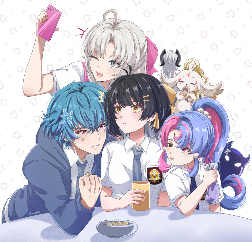 +++, 1boy, 5girls, :d, abby_(wuthering_waves), ahoge, alternate_costume, alternate_hairstyle