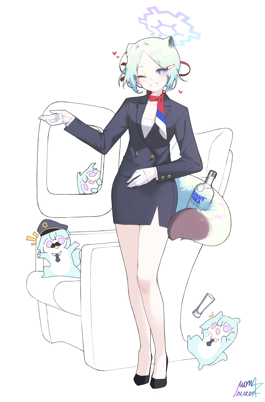 1girl, absurdres, alternate_costume, alternate_hairstyle, animal_ears, animalization, aqua_eyes, black_footwear, black_jacket, black_skirt, blazer, blue_archive, commentary, flight_attendant, full_body, high_heels, highres, jacket, looking_at_viewer, mona_kkkk, one_eye_closed, pencil_skirt, ponta_itachi, shigure_(blue_archive), simple_background, sketch_background, skirt, smile, standing, tail, travel_attendant, violet_eyes, weasel_ears, weasel_girl, weasel_tail, white_background, white_undershirt