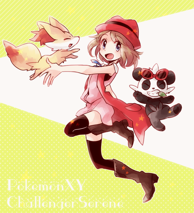 1girl, black_shirt, black_thighhighs, blue_ribbon, boots, brown_footwear, brown_hair, closed_eyes, commentary, fennekin, hat, jacket, mebae_(1o2o), mouth_hold, open_mouth, pancham, pink_hat, pink_jacket, pokemon, pokemon_(anime), pokemon_(creature), pokemon_xy, pokemon_xy_(anime), ribbon, serena_(pokemon), shirt, short_hair, sleeveless, smile, sunglasses, thigh-highs