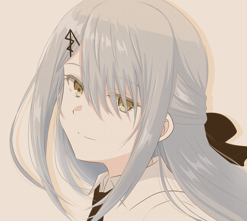 1girl, bow, closed_mouth, fujino_shiroha, grey_hair, hair_between_eyes, hair_bow, hair_ornament, hair_ribbon, hairpin, inukeru, long_hair, looking_at_viewer, necktie, nue_no_onmyouji, ribbon, shirt, sidelocks, smile, solo, yellow_eyes, zooming_in