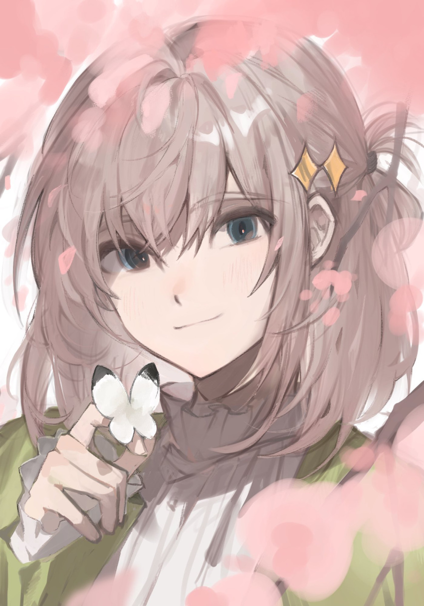 1boy, blue_eyes, bug, butterfly, butterfly_on_hand, cardigan, cherry_blossoms, close-up