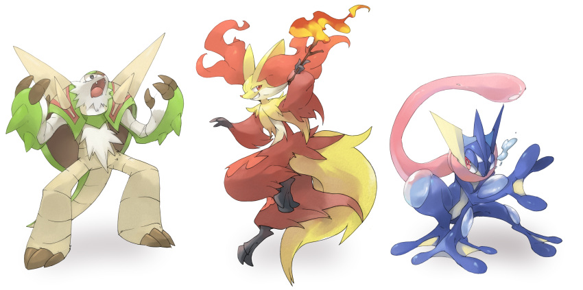 brad_(16325), chesnaught, claws, commentary, delphox, fire, full_body, furry