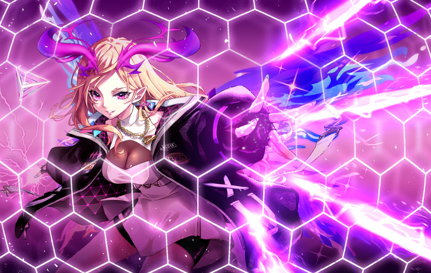 1girl, blonde_hair, breasts, energy_barrier, festibattle, fingerless_gloves, gloves, halo