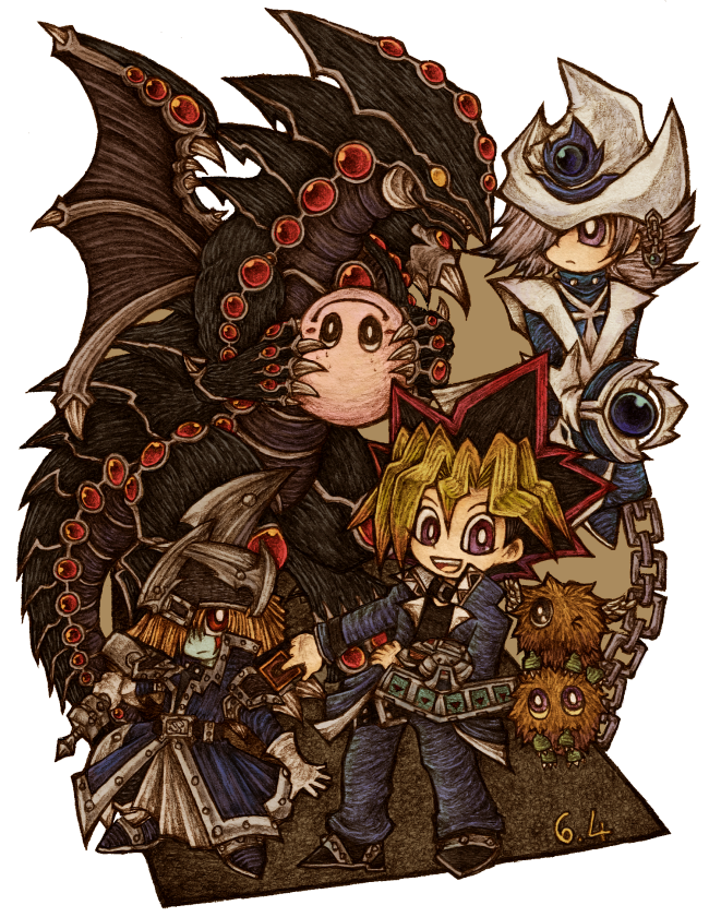 1girl, 2boys, blonde_hair, brown_fur, card, claws, dragon, duel_disk, duel_monster, fake_horns, gandora_the_dragon_of_destruction, gloves, grey_hair, hair_over_one_eye, hat, helmet, holding, holding_card, holding_staff, holding_sword, holding_weapon, horned_helmet, horns, long_hair, marshmallon, mokyu-mokyu, multicolored_hair, multiple_boys, muto_yugi, silent_magician, silent_magician_lv4, silent_swordsman, silent_swordsman_lv3, simple_background, smile, staff, sword, violet_eyes, weapon, white_background, white_gloves, white_hat, wings, wizard_hat, yellow_eyes, yu-gi-oh!