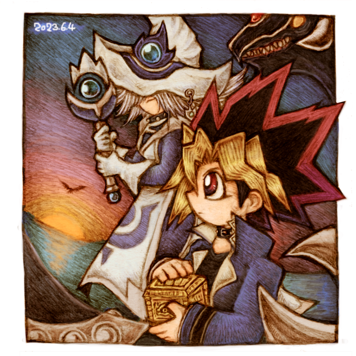1boy, 1girl, black_choker, blue_jacket, choker, closed_eyes, dated, dragon