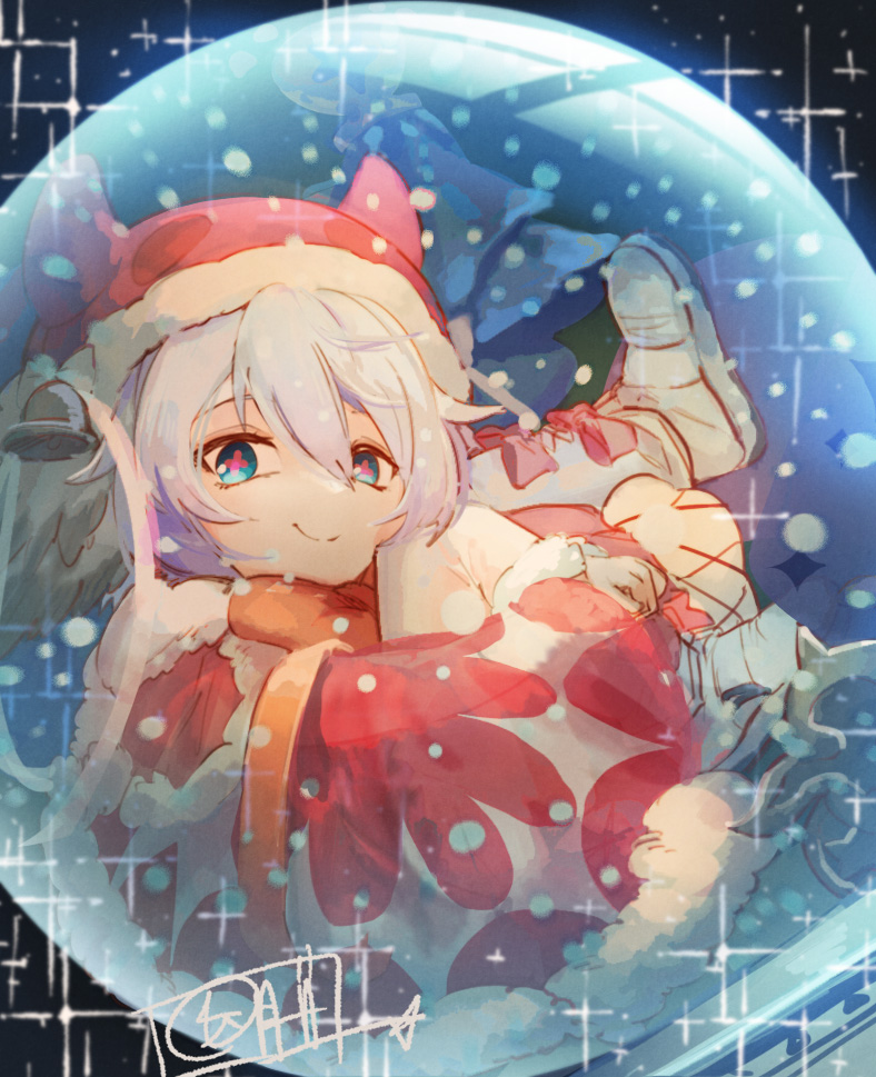 1girl, animal_ears, blue_eyes, blue_hair, bow, bubble, christmas, dress