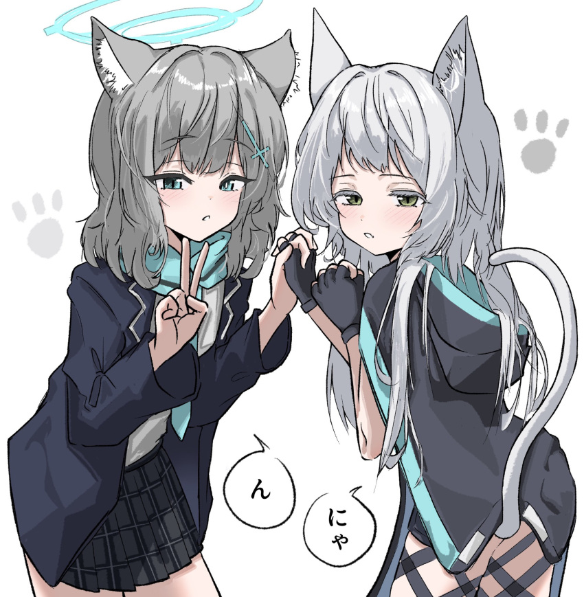 2girls, animal_ears, arknights, aseah, black_gloves, blazer, blue_archive, blue_eyes