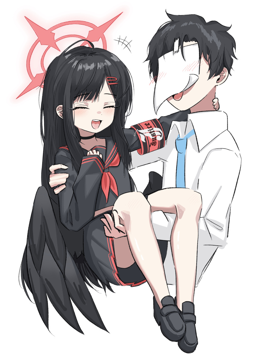 +++, 1boy, 1girl, absurdres, age_regression, aged_down, armband, aseah, black_hair, black_serafuku, black_skirt, black_wings, blue_archive, carrying, carrying_person, closed_eyes, commentary, faceless, faceless_male, halo, hand_on_another's_neck, highres, ichika_(blue_archive), long_hair, long_sleeves, neckerchief, open_mouth, paper_on_head, princess_carry, red_armband, red_halo, red_neckerchief, school_uniform, sensei_(blue_archive), serafuku, simple_background, skirt, smile, white_background, wings