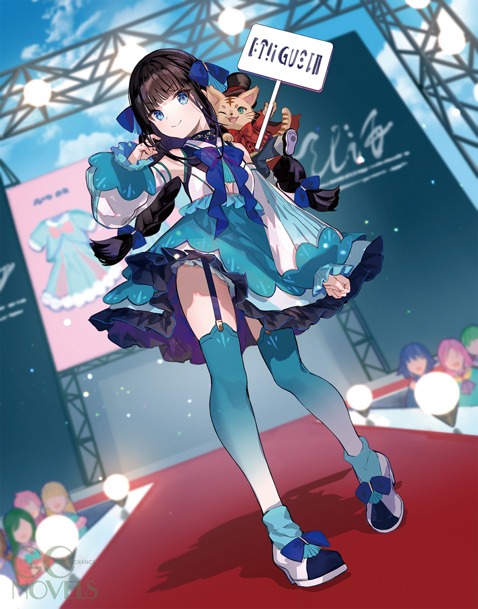 1girl, alternate_hair_color, black_hair, blue_eyes, blue_sky, bow, bowtie, braid