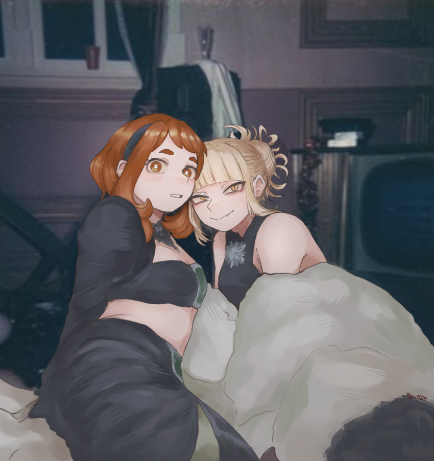2girls, bare_shoulders, black_hairband, blonde_hair, blunt_bangs, boku_no_hero_academia, bright_pupils, brown_hair