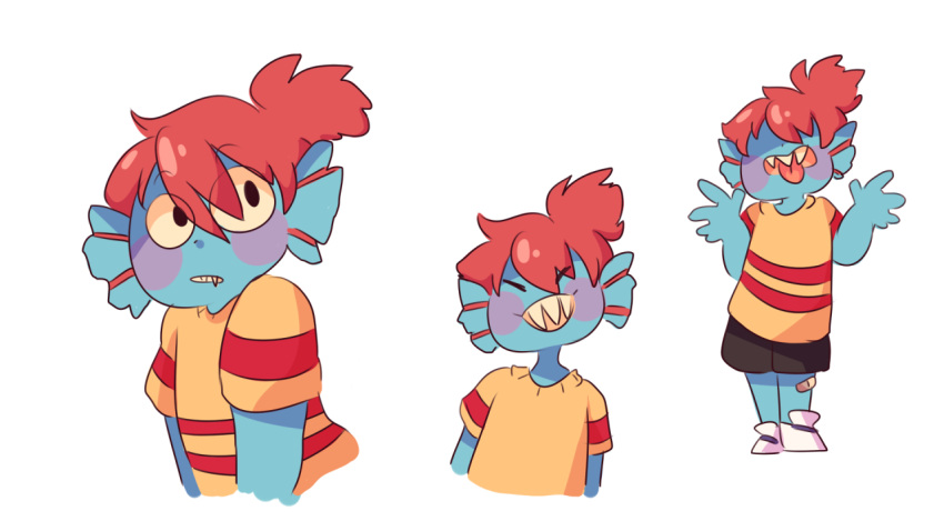 1girl, 2015, 2d, aged_down, anthro, bandaid, beirbeirart, black_shorts, child, digital_media, female, female_child, fish, fish_girl, full_body, hands_up, high_ponytail, monster, monster_girl, multiple_views, ponytail, red_hair, red_stripes, sharp_teeth, short_hair, short_ponytail, shorts, slit_pupils, solo, striped, striped_shirt, teeth, tongue, tongue_out, undertale, undyne, upper_body, yellow_sclera, yellow_shirt