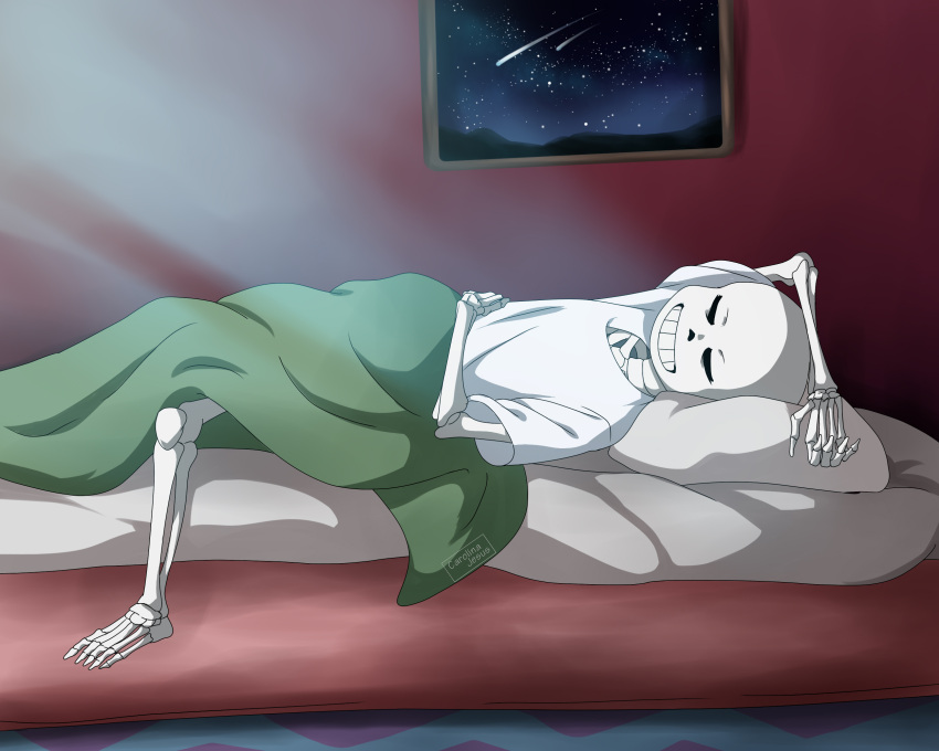 1boy, 2019, 2d, arm_over_head, artist_name, bed, black_pants, blanket, commentary, digital_media, english_commentary, ginasuzumi, hand_on_own_chest, highres, humanoid, lying, male, male_only, mattress, monster, monster_boy, sans_(undertale), shirt, skeleton, sleeping, solo, t-shirt, teeth, undead, undertale, watermark, white_shirt