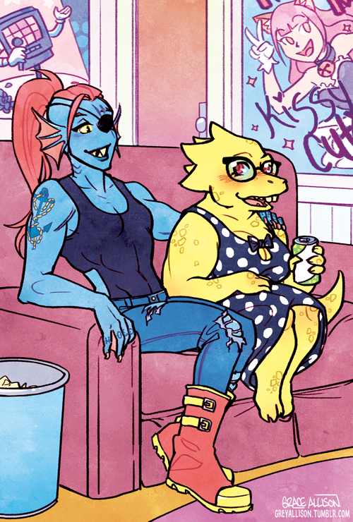 2016, 2d, 2girls, alphys, anthro, arm_around_shoulder, artist_name, black_dress