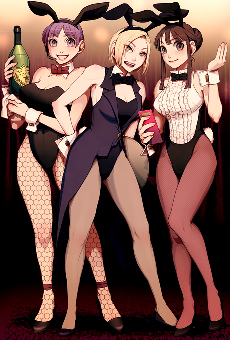 android_18, animal_ears, armpits, blonde_hair, blue_eyes, blush, bottle, breasts