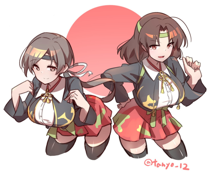 2girls, alternate_legwear, artist_name, black_thighhighs, blush, breasts, brown_hair, camouflage