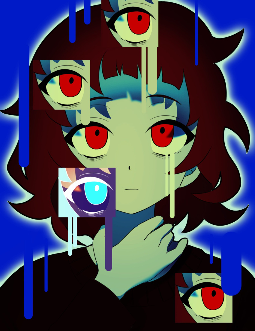 1girl, abstract, azu_(acha2223), bags_under_eyes, black_shirt, black_sleeves, blue_eyes, brown_hair