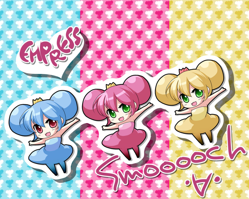3girls, beatmania, beatmania_(series), beatmania_iidx, blonde_hair, blue_eyes, blue_hair, chibi