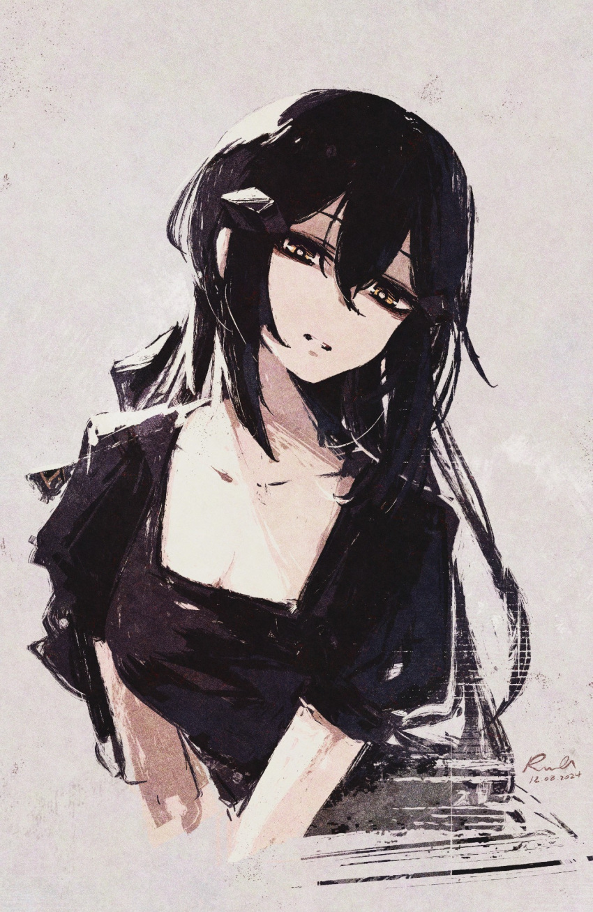 black_dress, black_hair, breasts, collarbone, commentary, cropped_arms, cropped_hair, dandelion_(girls'_frontline)