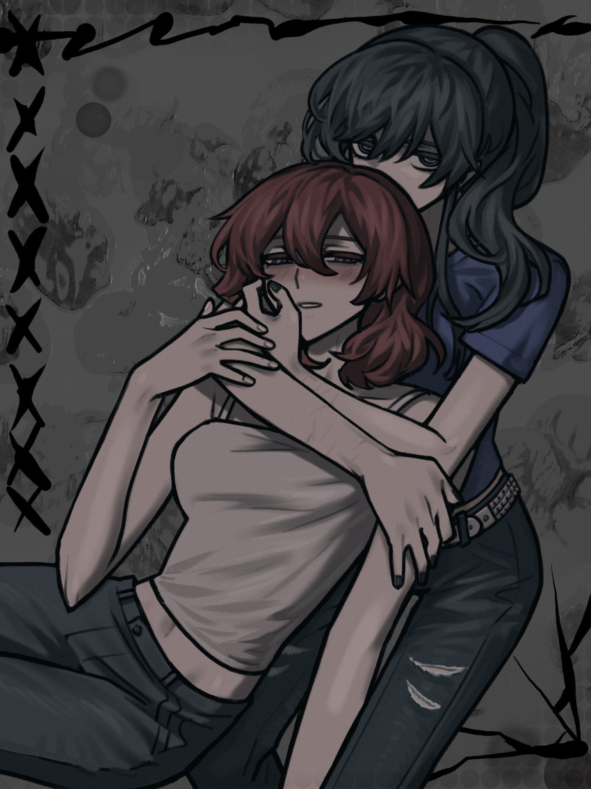 2girls, ari_(class_of_09), arms_around_neck, black_hair, black_nails, blue_eyes, blue_shirt, bugs_bug_me