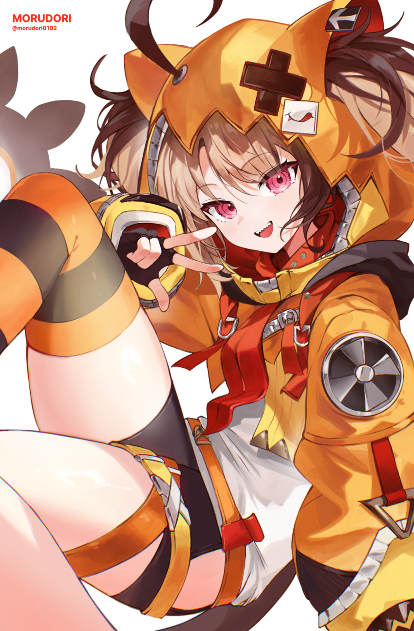 1girl, ahoge, animal_ear_hood, belt, bike_shorts, black_gloves, black_shorts, black_thighhighs, blonde_hair, brown_hair, commentary, fingerless_gloves, gigi_murin, gigi_murin_(1st_costume), gloves, highres, hip_vent, hololive, hololive_english, hood, hood_up, hooded_shrug, knee_up, long_hair, long_sleeves, looking_at_viewer, multicolored_hair, orange_belt, orange_thighhighs, pink_eyes, ppot, puffy_long_sleeves, puffy_sleeves, sharp_teeth, shirt, short_hair, short_shorts, short_twintails, shorts, shrug_(clothing), simple_background, single_thighhigh, solo, striped_clothes, striped_thighhighs, teeth, thigh-highs, thigh_strap, thighs, twintails, two-tone_hair, upper_teeth_only, virtual_youtuber, w, white_background, white_shirt