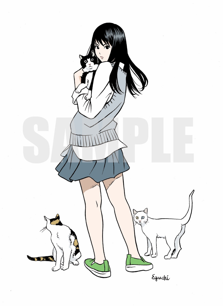 1girl, animal, black_eyes, black_hair, cat, closed_mouth, collared_shirt, eguchi_hisashi