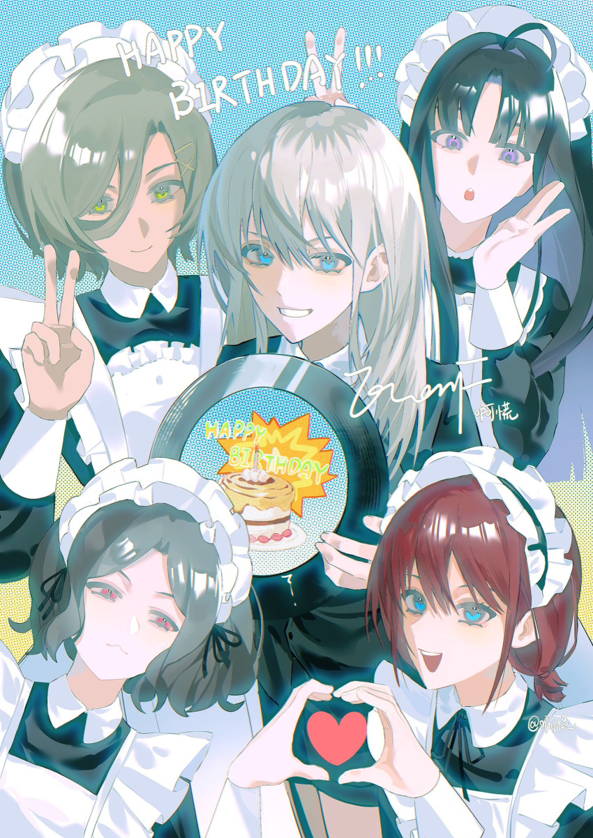 5girls, :<, ahoge, apron, awa_subaru, black_dress, black_hair, black_jacket