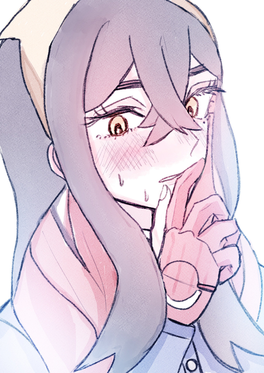 1girl, absurdres, black_hair, blush, carmine_(pokemon), chiakicat1294, colored_inner_hair, crossed_bangs, eyelashes, gloves, hair_between_eyes, hairband, highres, long_sleeves, looking_at_viewer, mole, mole_under_eye, multicolored_hair, partially_fingerless_gloves, pokemon, pokemon_sv, red_gloves, redhead, solo, sweat, two-tone_hair, yellow_eyes, yellow_hairband