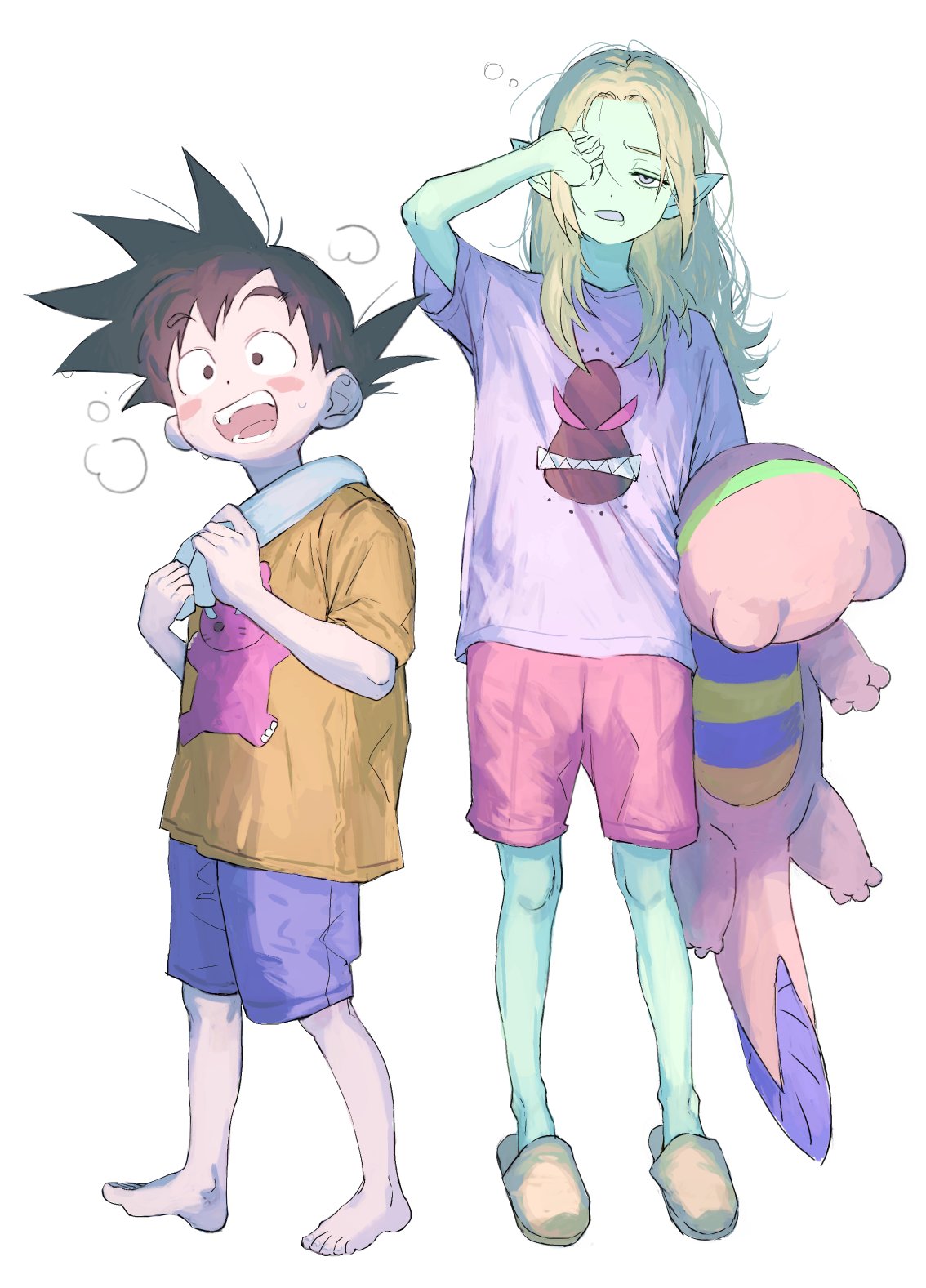 1boy, 1girl, aqua_skin, arm_at_side, barefoot, black_eyes, black_hair, blush_stickers, colored_skin, commentary_request, dot_nose, dragon_ball, dragon_ball_daima, dragon_ball_z, drooling, eyelashes, facing_viewer, full_body, furrowed_brow, grey_hair, grin, hair_down, half-closed_eye, hand_on_own_face, hand_up, hands_up, happy, height_difference, highres, holding, holding_stuffed_toy, holding_towel, looking_afar, looking_ahead, medium_hair, messy_hair, mouth_drool, open_mouth, orange_shirt, pansy_(dragon_ball_daima), parted_bangs, pink_shorts, pointy_ears, purple_shirt, purple_shorts, rubbing_eyes, shirt, short_sleeves, shorts, side-by-side, simple_background, sleepy, slippers, smile, son_goku, spiky_hair, standing, steam, stuffed_animal, stuffed_toy, t-shirt, tareme, teeth, thick_eyebrows, towel, towel_around_neck, violet_eyes, water_drop, wavy_mouth, wet, wet_face, wet_hair, white_background, wide-eyed, wispy_bangs, yoyoha_chan