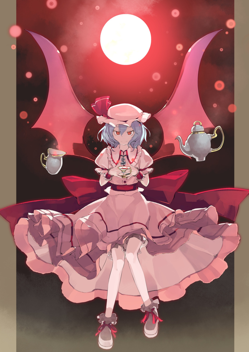 absurdres, blue_hair, cup, dress, floating, floating_object, full_moon, hat