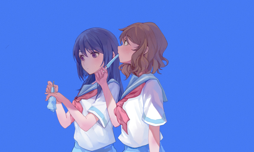 2girls, black_hair, blacky1266859, blue_background, blue_sailor_collar, blush, brown_hair, commentary