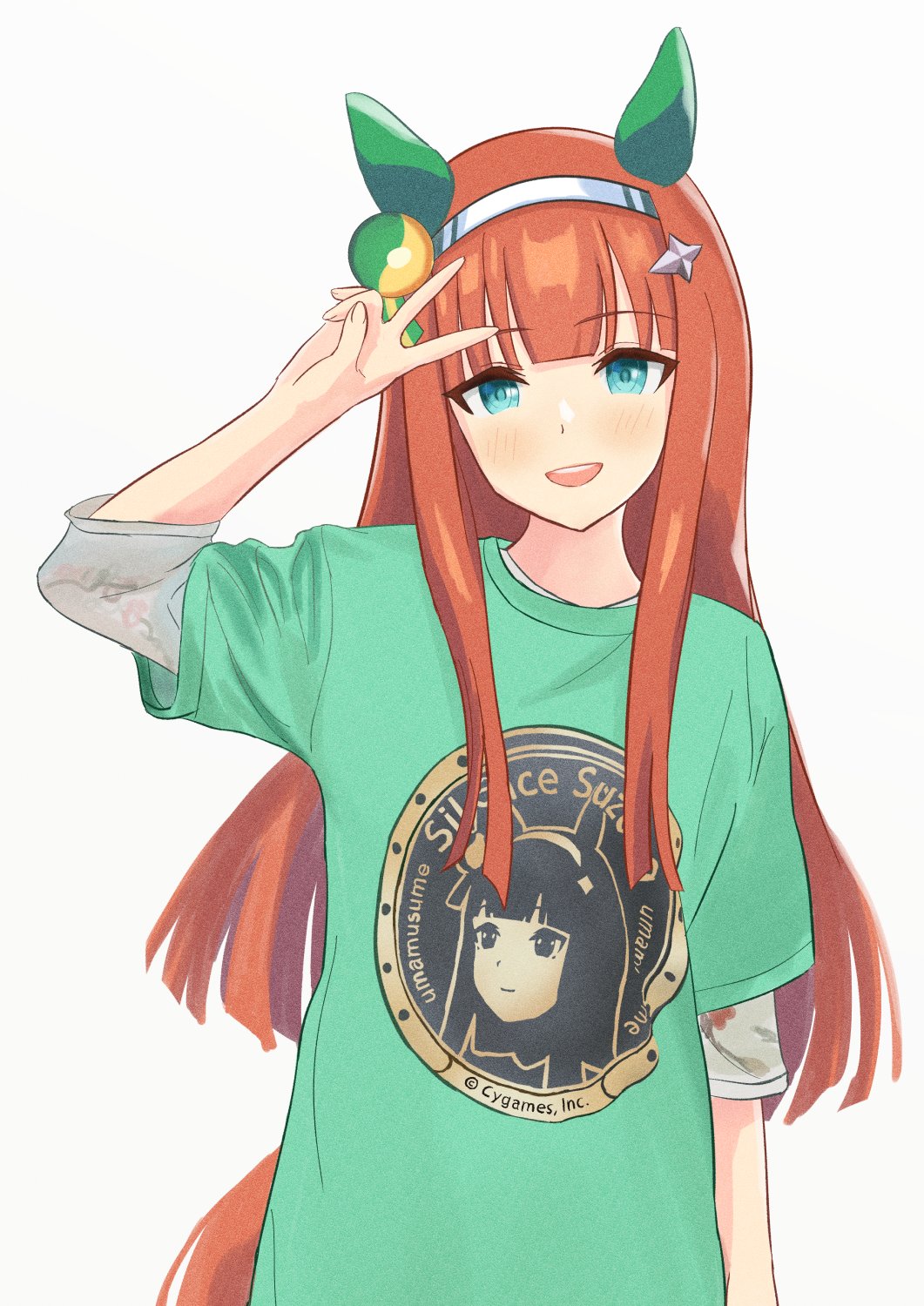 1girl, animal_ears, aqua_eyes, blunt_bangs, character_name, copyright_name, ear_covers, green_shirt