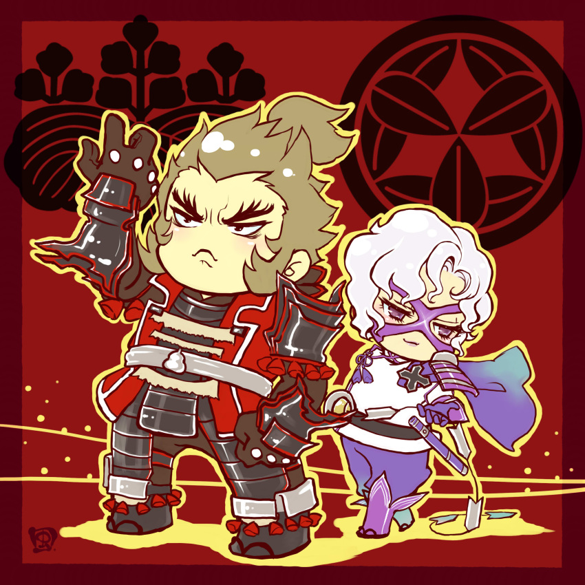 2boys, absurdres, armor, brown_gloves, brown_hair, chibi, chibi_only, eye_mask