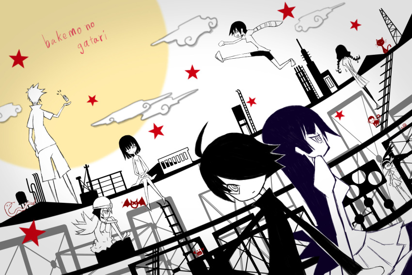 2boys, 6+girls, ahoge, araragi_koyomi, bakemonogatari, bat_(animal), braid, cellphone, clouds, dress, full_moon, gekidan_inu_curry_(style), hachikuji_mayoi, hair_over_one_eye, hanekawa_tsubasa, helmet, highres, hiroki_eiki, juliet_sleeves, jumping, kanbaru_suruga, knees_up, ladder, long_sleeves, low_twin_braids, monkey, monochrome, monogatari_(series), moon, multiple_boys, multiple_girls, one_eye_closed, oshino_meme, oshino_shinobu, phone, pleated_skirt, puffy_sleeves, railing, sengoku_nadeko, senjougahara_hitagi, shorts, sitting, skirt, snail, spiky_hair, spot_color, star_(symbol), twin_braids, twintails, water_tower
