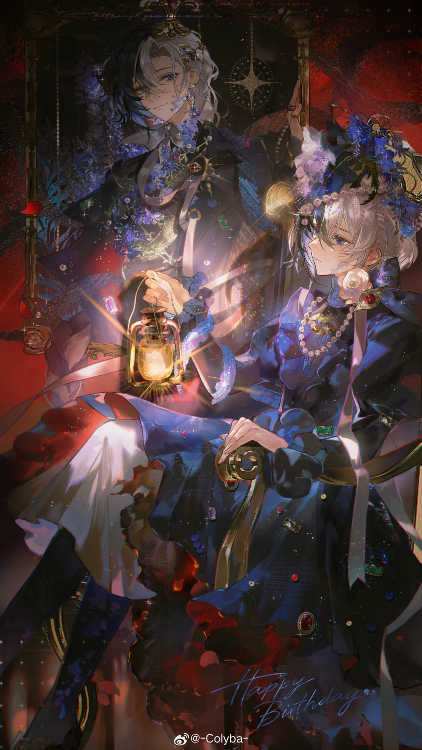 2boys, :|, absurdres, armchair, black_bow, black_coat, black_dress, black_footwear, black_hair, black_jacket, black_shirt, blue_eyes, blue_flower, blue_scarf, boots, borrowed_character, bow, braid, burnt_clothes, chair, cheek_piercing, closed_mouth, coat, coat_on_shoulders, colyba, commentary, corset_piercing, crossdressing, curtained_hair, diffraction_spikes, dress, ear_piercing, earrings, expressionless, eye_symbol, facial_mark, fascinator, feet_out_of_frame, flower, frilled_dress, frilled_sleeves, frills, gem, hair_between_eyes, hair_ornament, happy_birthday, hat, hat_feather, hat_flower, highres, holding, holding_lantern, jacket, jewelry, juliet_sleeves, lantern, lapel_pin, lapels, layered_dress, leaf, light_particles, lips_hair_ornament, long_hair, long_sleeves, looking_at_object, looking_at_viewer, male_focus, multicolored_hair, multiple_boys, multiple_rings, neck_flower, necklace, notched_lapels, original, pearl_hair_ornament, pearl_necklace, picture_frame, piercing, portrait_(object), puffy_sleeves, red_background, ring, rose, scarf, shirt, short_hair, single_braid, sitting, smile, split-color_hair, symbol-only_commentary, tentacles, through_medium, through_painting, two-tone_hair, upper_body, weibo_watermark, white_dress, white_flower, white_hair, white_rose, white_scarf, yao_mujing, yao_muxuan