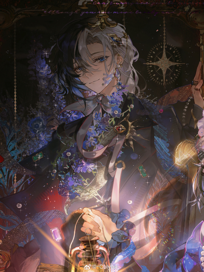 1boy, black_coat, black_hair, black_jacket, black_shirt, blue_eyes, blue_flower, borrowed_character