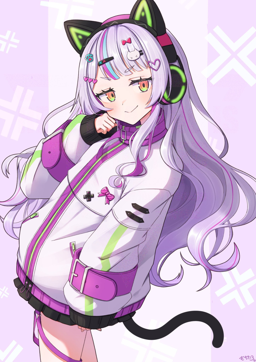 1girl, animal_ear_headphones, animal_ears, aqua_stripes, artist_name, black_skirt, blunt_bangs, cat_ear_headphones