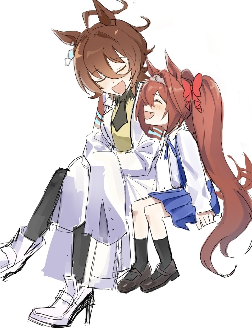 2girls, aged_down, agnes_tachyon_(umamusume), ahoge, astronghouse, black_footwear, black_necktie, black_pantyhose