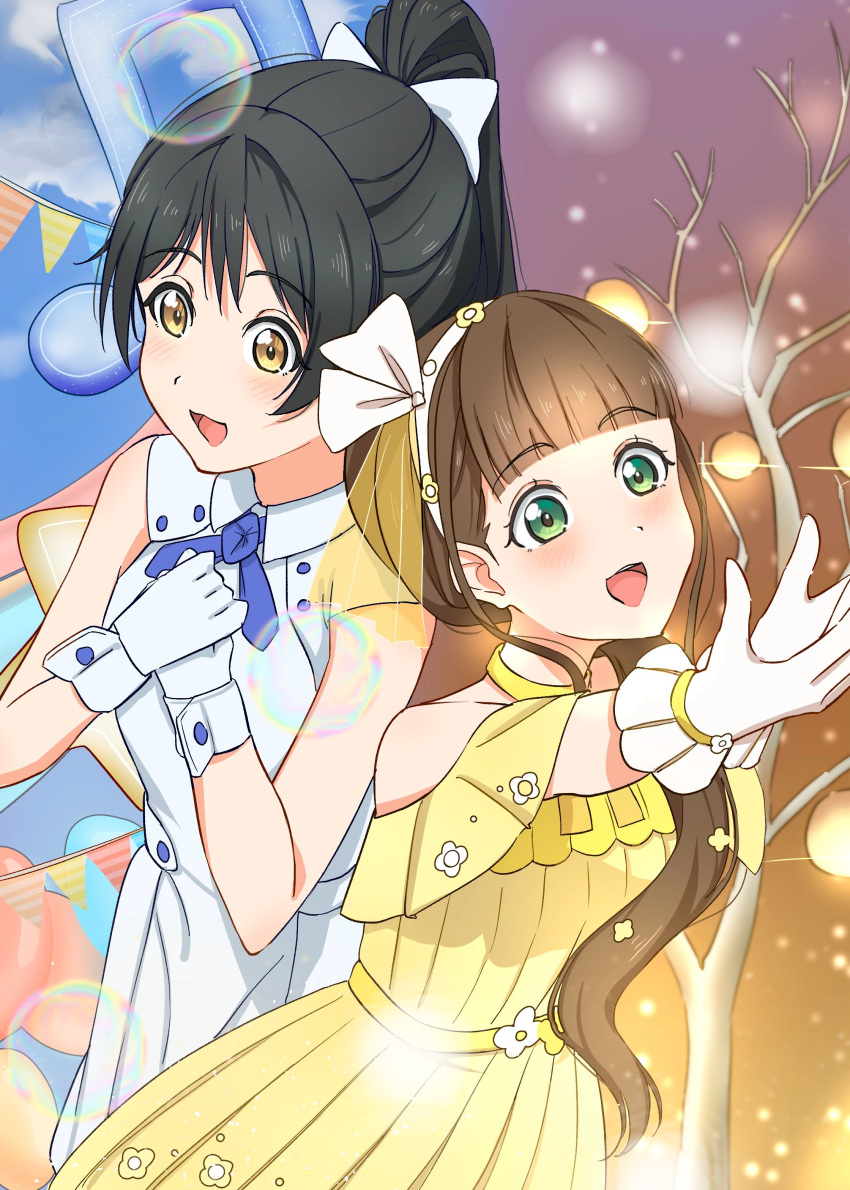 2girls, :d, absurdres, arms_up, bare_shoulders, bare_tree, black_hair, blue_sky