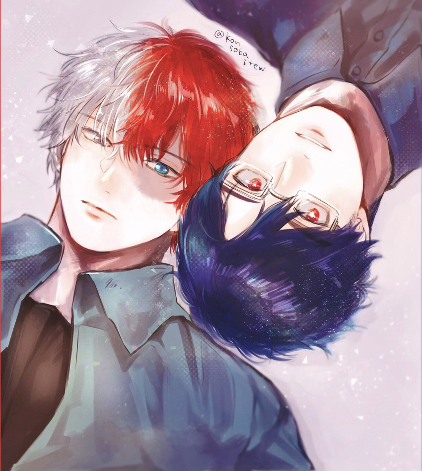2boys, black_shirt, blue_jacket, boku_no_hero_academia, bright_pupils, buttons, glasses, heterochromia, highres, iida_tenya, jacket, konsobastew, looking_at_viewer, male_focus, multicolored_hair, multiple_boys, parted_lips, rectangular_eyewear, red_eyes, redhead, rotational_symmetry, scar, scar_on_face, shirt, short_hair, split-color_hair, todoroki_shoto, twitter_username, white_hair, white_pupils
