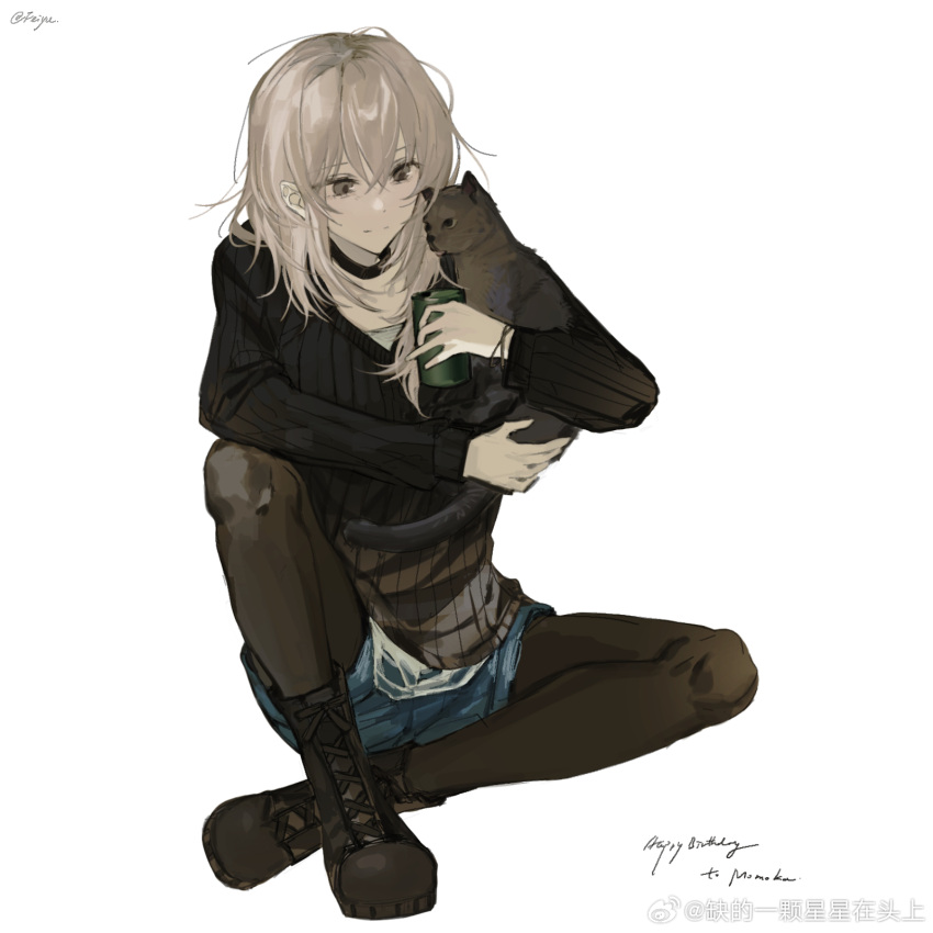 1girl, animal, black_choker, black_footwear, black_pantyhose, black_sweater, blue_shorts, boots