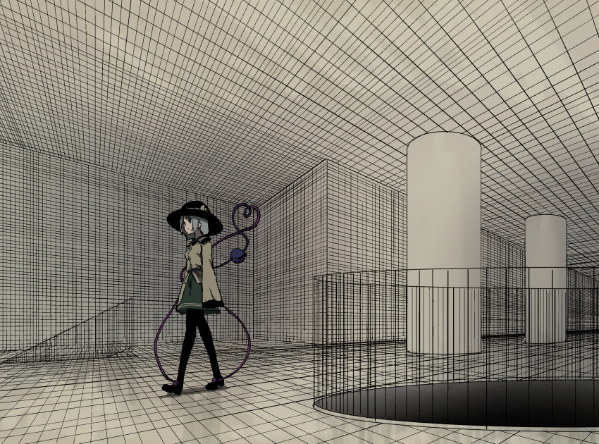 1girl, 3d_background, black_footwear, black_hat, black_pantyhose, bow, buttons, closed_mouth