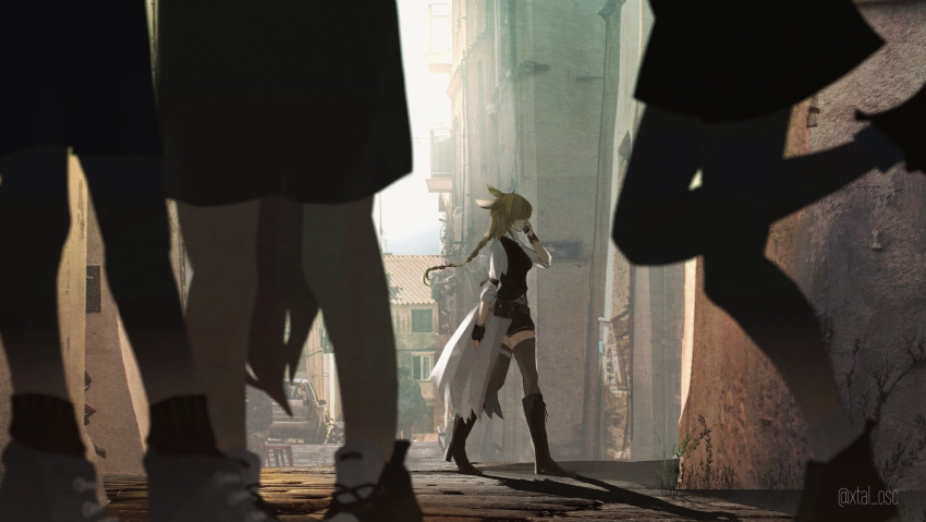 1girl, animal_ears, arknights, black_vest, braid, car, crack, cracked_wall