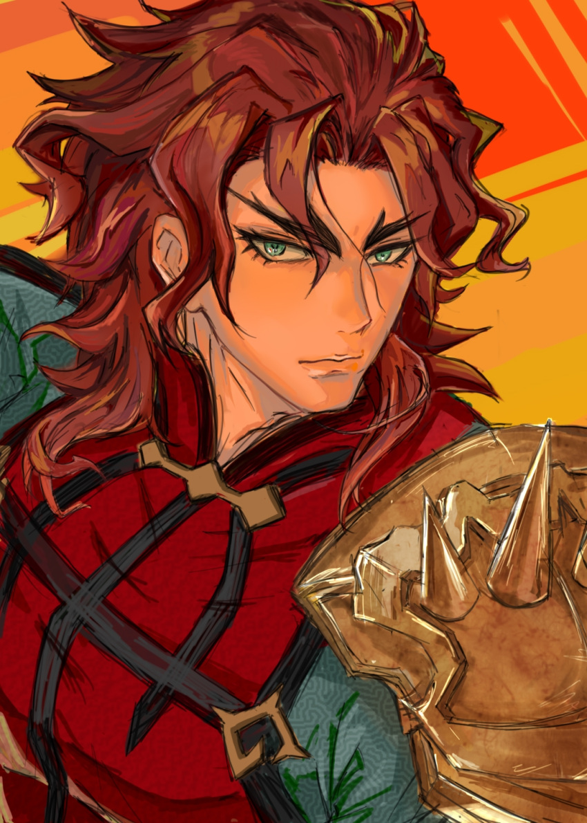 1boy, armor, fate/samurai_remnant, fate_(series), forked_eyebrows, gengzhi151, green_eyes, highres, looking_at_viewer, male_focus, medium_hair, orange_background, pauldrons, red_shirt, redhead, shirt, shoulder_armor, simple_background, single_pauldron, solo, spiked_pauldrons, upper_body, wavy_hair, zhao_yun_(fate)