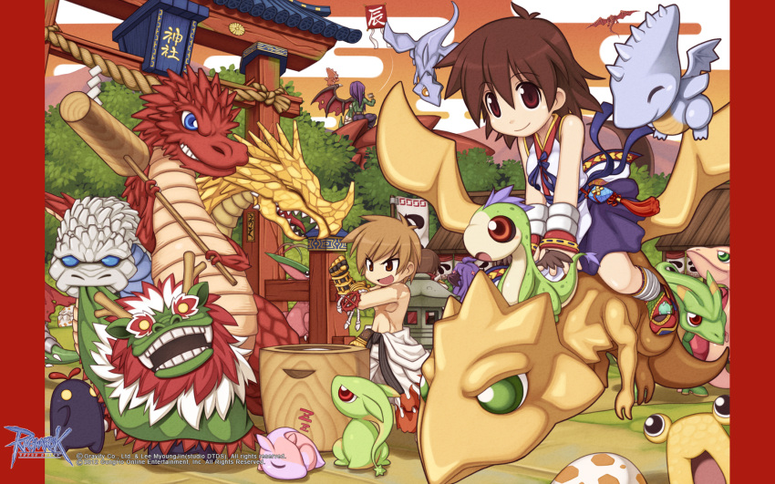 2girls, 3boys, acidus_(ragnarok_online), alternate_color, banner, black_gloves, breasts, brown_eyes