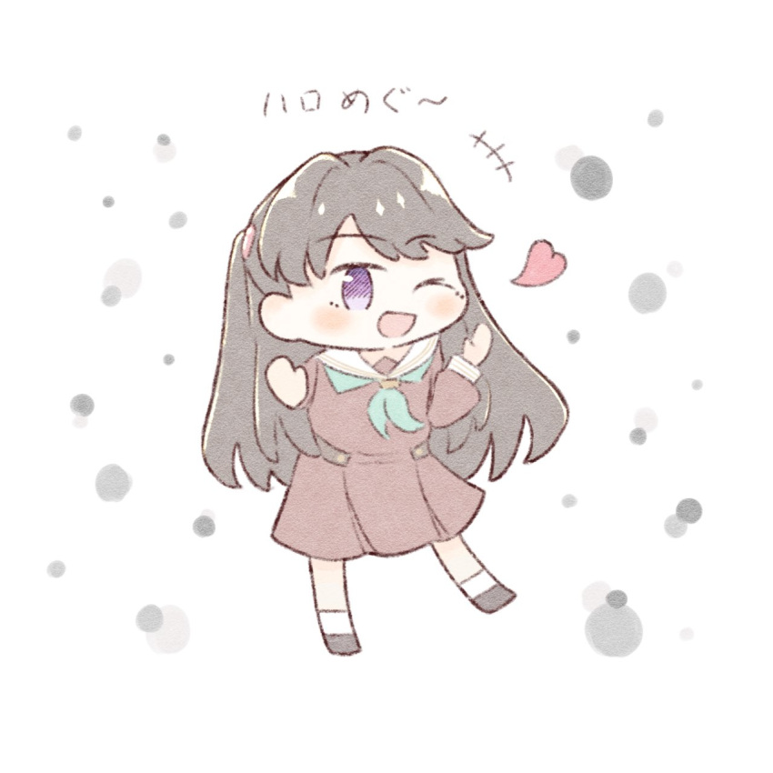 1girl, ;d, ameno_ryuu, aqua_neckerchief, black_footwear, blush, brown_dress, brown_hair