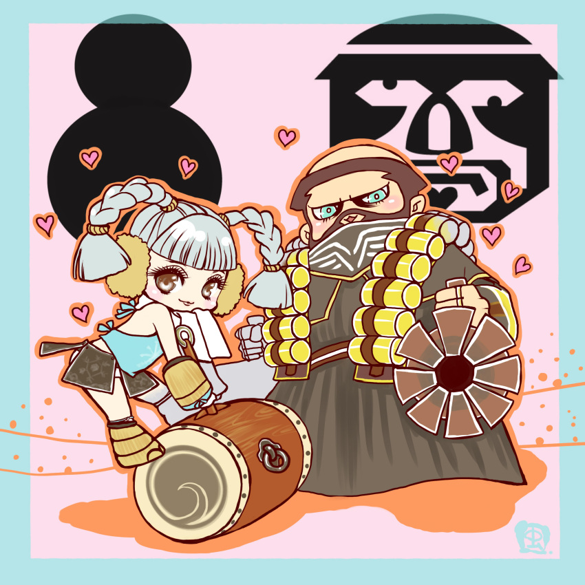 1boy, 1girl, :d, absurdres, aqua_eyes, backless_shirt, balding, bare_shoulders