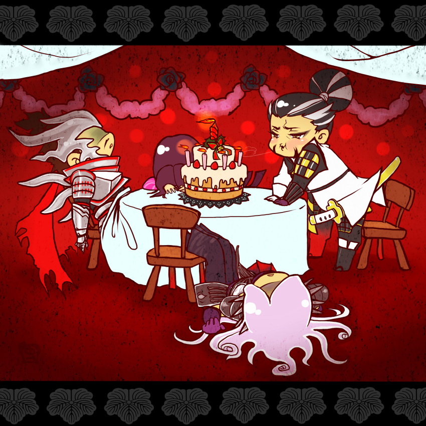 1girl, 3boys, absurdres, akechi_mitsuhide_(sengoku_basara), birthday_cake, black_hair, blowing_candle, brown_hair