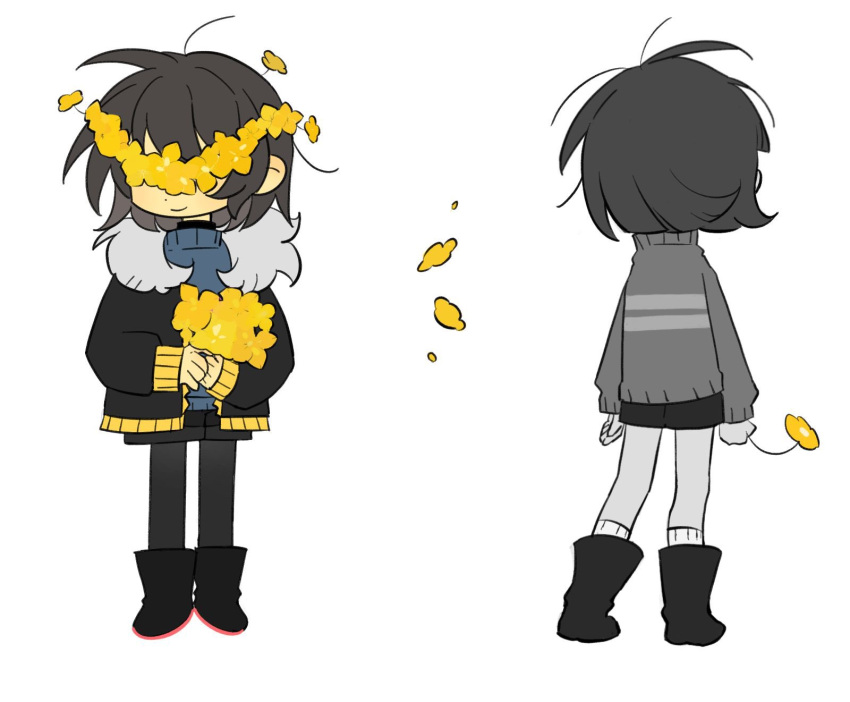 2others, ahoge, alternate_universe, ankle_boots, arms_at_sides, black_footwear, black_jacket, black_pantyhose, black_shorts, blue_sweater, boots, brown_hair, closed_mouth, core_frisk, dot_nose, flower, flowerfell, frisk_(undertale), from_behind, fur-trimmed_jacket, fur_trim, hashtag-only_commentary, highres, holding, holding_flower, jacket, long_sleeves, multiple_others, nuobeiyhengaoxingrenshini, open_clothes, open_jacket, other_focus, pantyhose, short_shorts, shorts, simple_background, smile, socks, standing, striped_clothes, striped_sweater, sweater, turtleneck, turtleneck_sweater, undertale, white_background, white_socks, yellow_flower